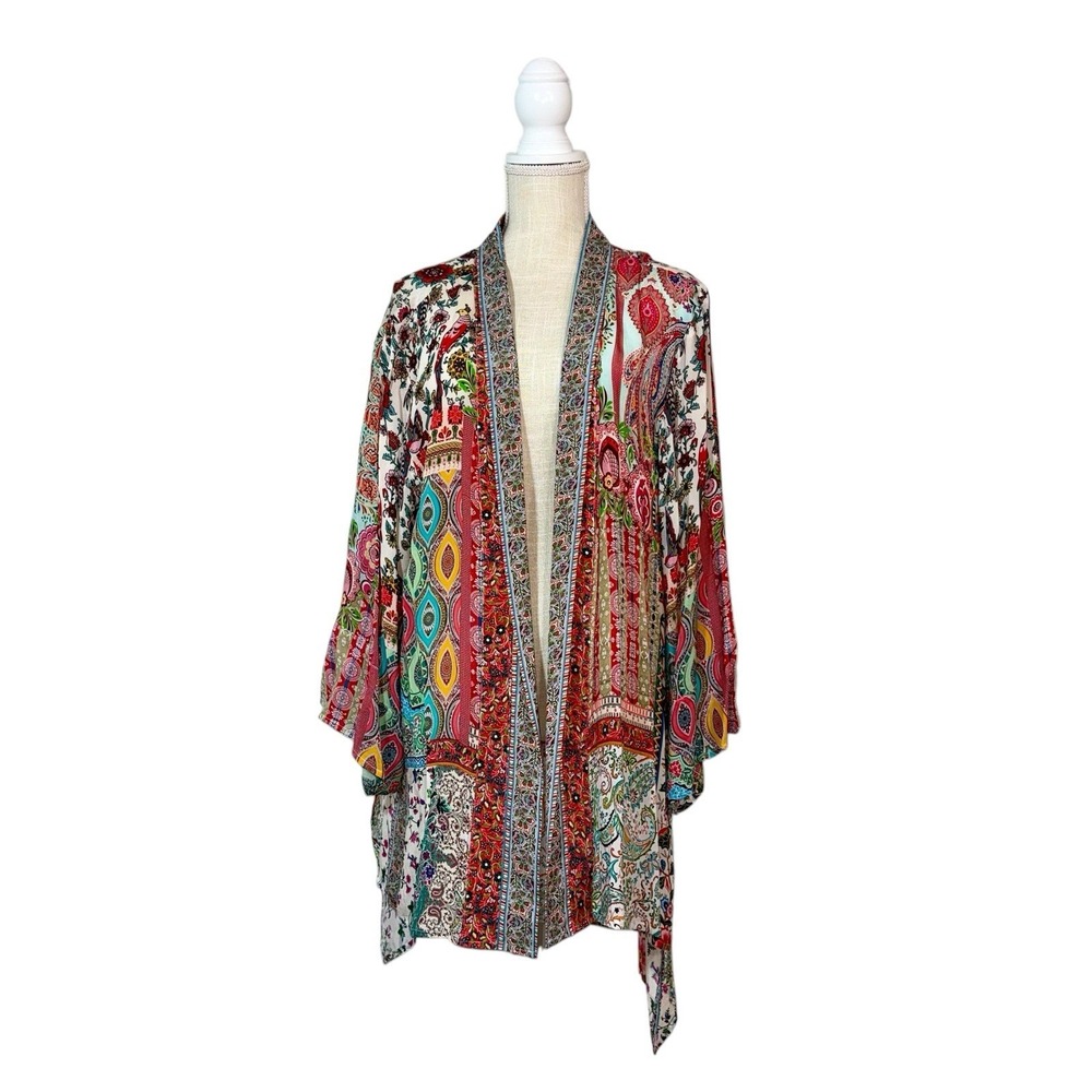 Shana Patchwork Floral Kimono Cardigan Multi Color Viscose Silk L/XL Boho Layer
